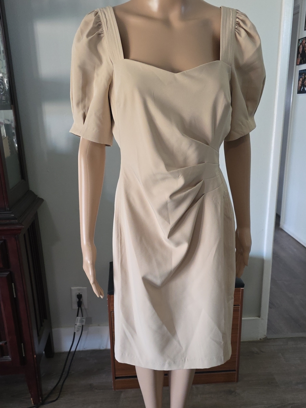 Karl Lagerfeld Cream Square-Neck Puff Sleeve Midi Dress